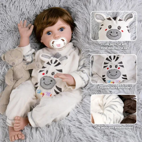 Miniatura 6 de Aori Muñecas de bebé recién nacidas realistas de 22 pulgadas con cuerpo suave y con peso y trajes de cebra, juego de regalo para niños de 3 años