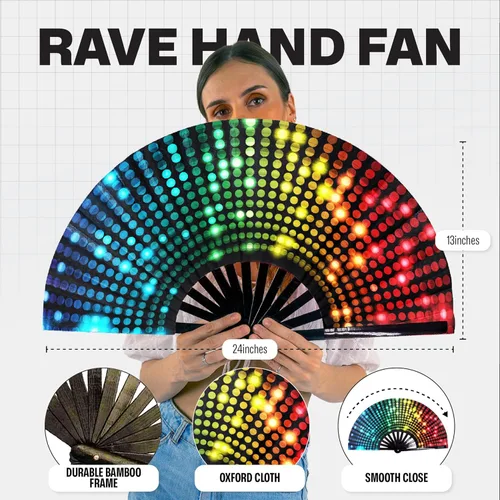 Miniatura 106 de SoJourner Bags Rave Fan – Ventilador plegable grande – Ventilador de mano Clack para raves, Halloween, Burlesque, trajes de arcoíris para mujeres