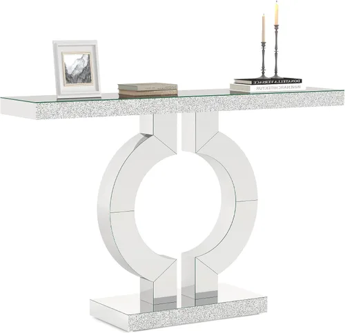 Miniatura 8 de LITTLE TREE Mesa consola de vidrio espejo de 43 pulgadas con base en forma de O, mesa de entrada de vidrio para sala de estar, moderna mesa de sofá