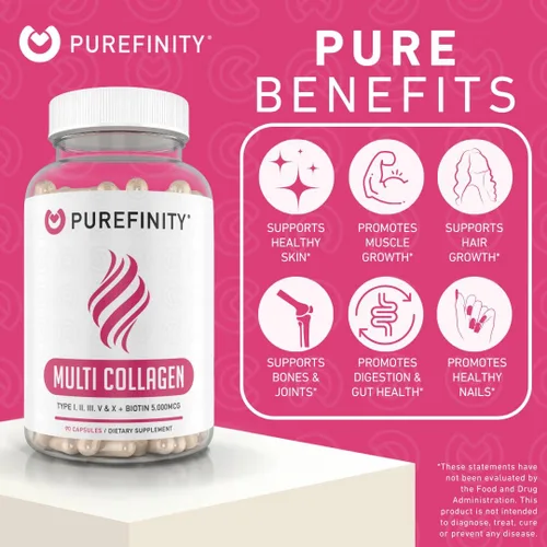 Miniatura 3 de PUREFINITY Péptidos de colágeno para mujeres, tipo I, II, III, V y X con biotina y ácido hialurónico, apoya la piel, huesos, cabello y uñas