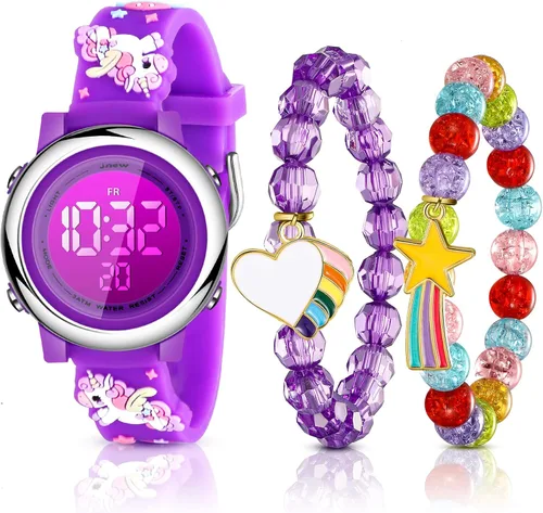 3 Pieces Kids Unicorn Watch and Unicorn Bracelet Waterproof Toddler Digital Watch Light Watch with Alarm Stopwatch Unicorn Christmas Valentine Day