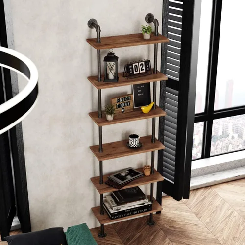 Miniatura 7 de Estantería industrial de tubería rústica con escalera de pared, estante de almacenamiento para sala de estar, cocina, oficina (6 niveles)