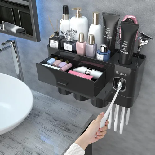 iHave Portacepillos de dientes para baños, 3 tazas, soporte para cepillos de dientes montado en la pared con dispensador de pasta de dientes, Negro