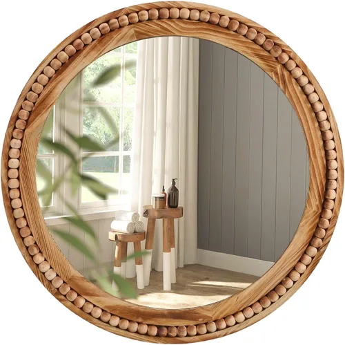 Miniatura 9 de ULIKE Espejo redondo de madera, espejo de pared circular irregular de 24 pulgadas con marco de madera, soporte de pared decorativo rústico
