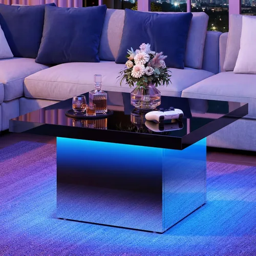 YITAHOME Mesa de centro cuadrada, mesas de centro para sala de estar con luces LED, moderna mesa de café de cóctel para decoración, color negro