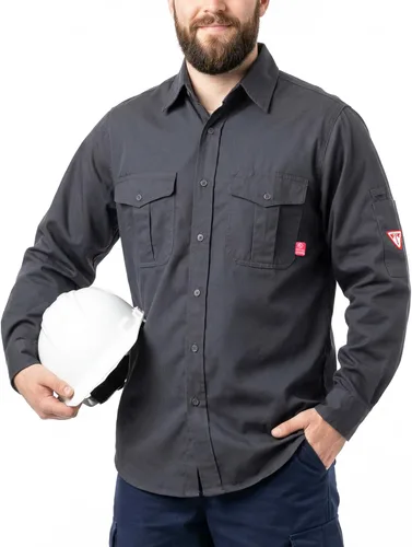 Miniatura 8 de TICOMELA Camisa de soldadura FR de peso medio para hombre, 7.5oz 100% algodón NFPA 2112 CAT2 - Camisa de trabajo con botones resistente al fuego