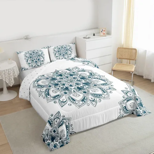 Miniatura 4 de Erosebridal Chic - Juego de edredón de flores tamaño Queen, juego de ropa de cama estética con mandala, juego de edredón gris turquesa, juego