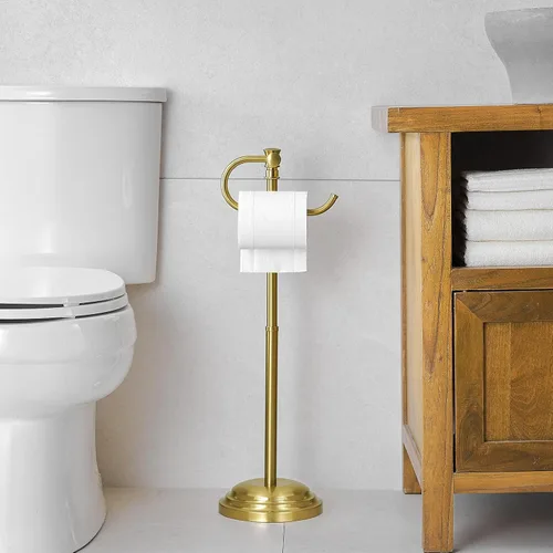 Miniatura 2 de Soporte para papel higiénico RUMOSE para piso, de oro cepillado ajustable (31.5 cm a 58 cm) Soporte de papel higiénico de baño, soporte de rollo
