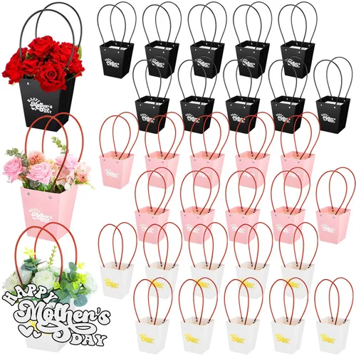 PerKoop 30 cajas de flores para el Día de la Madre para arreglos de ramo de flores, bolsas de regalo con asa, embalaje impermeable, envoltura