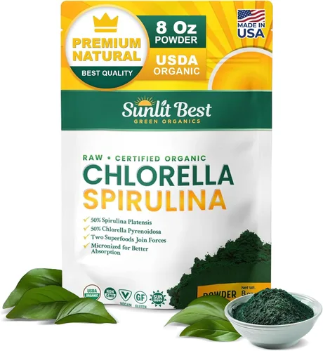 Sunlit Best USDA Organic Chlorella Spirulina en polvo – Fuente 100% cruda y vegana de proteína y clorofila | Bebida energética de superalimentos sin