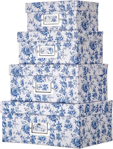 Miniatura 13 de Briful Juego de 2 cajas de almacenamiento de porcelana azul y blanca con tapas, elegantes cubos organizadores de anidación floral, juego de cajas