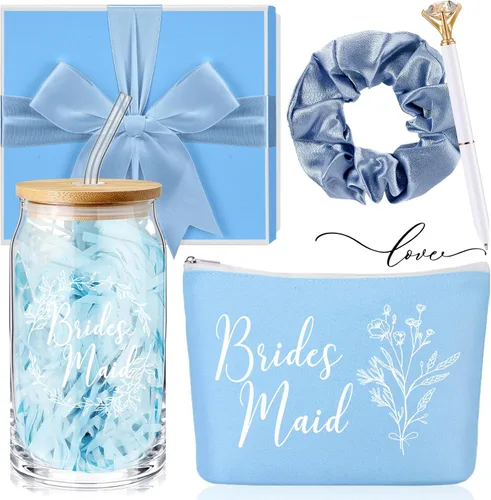 Miniatura 8 de Umigy Juego de 5 vasos de cristal para dama de honor, incluye taza de vidrio con tapa, bolsa de maquillaje, coleteros para el cabello, bolígrafos