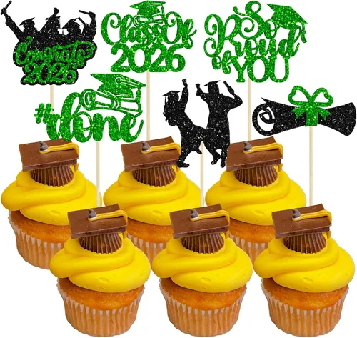 Miniatura 25 de Gyufise 24 piezas de decoración para cupcakes con purpurina para graduación 2026, decoración de pasteles para graduación 2026, decoración de Negro