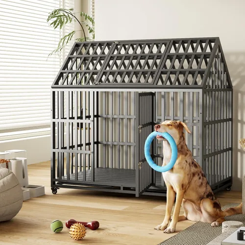 Miniatura 11 de Jaula grande para perros, jaula de hierro galvanizado resistente de 47 pulgadas para perros, muebles con puerta delantera, puerta superior y 4