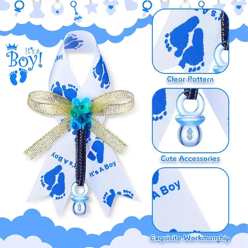 Miniatura 3 de Jexine 50 piezas de broche con lazo para baby shower, broche de cinta con chupete azul y oso para decoración de fiesta de revelación de género