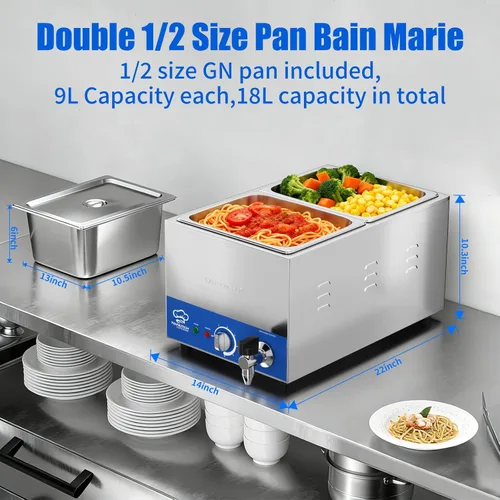 Miniatura 2 de TOPKITCH Calentador de alimentos comercial de 2 bandejas con tanque de agua de formación elástica sin fugas y 2 de tamaño 1/2 GN, estación de sopa