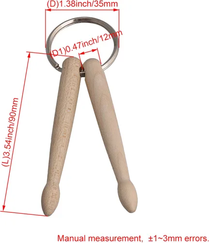 Miniatura 4 de Llavero de madera natural de 3.543 in, 2 baquetas de percusión, llavero de cadena, Madera natural