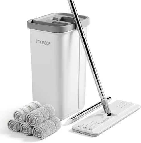 Miniatura 10 de JOYMOOP Juego de trapeador y cubeta con escurridor, trapeador plano de piso sin manos y cubeta, trapeador de 152 cm con 6 almohadillas de microfibra