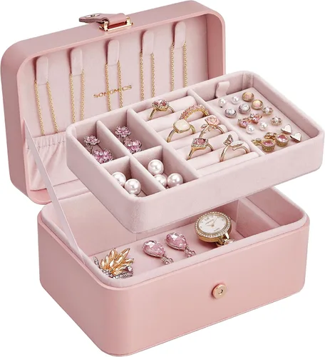 Miniatura 17 de SONGMICS Caja organizadora de joyas, estuche de viaje de 2 capas para aretes, collares, pulseras, almacenamiento portátil de joyas con gran Verde