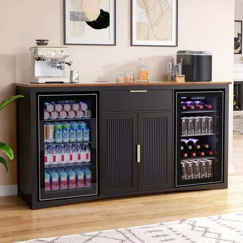 Miniatura 12 de GDLF Armario grande para barra de café con espacio para refrigerador, mini gabinete para refrigerador con almacenamiento de vino, mesa de aparador