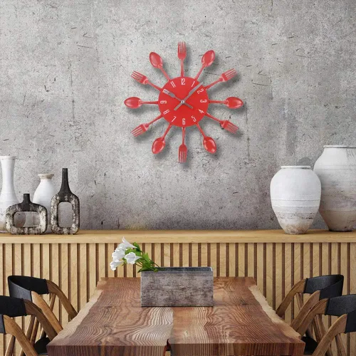 Miniatura 7 de Reloj de pared de cocina, 32x32x4CM, rojo, movimiento de cuarzo, silencioso, diseño creativo