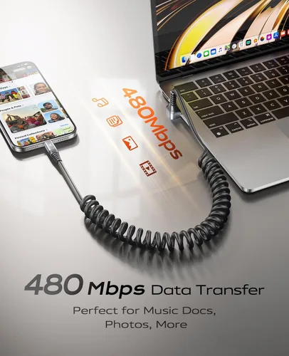 Miniatura 3 de Cable USB A a USB C de 90 grados, paquete de 2 cables USB tipo C en espiral de 3 pies para automóvil, cable de carga rápida USB-C compatible