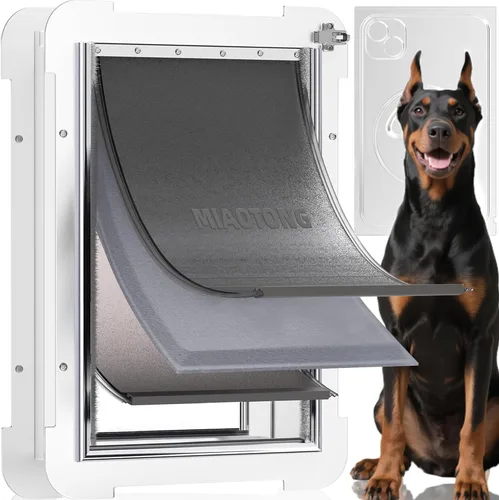 Puerta de perro extra grande de 3 solapas para puertas con panel de bloqueo deslizante, marco de acero y túnel telescópico para mascotas, puerta