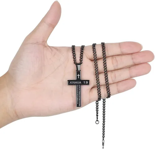 Miniatura 7 de REVEMCN Collar inspirador de cruz con versículo bíblico para hombres y niños, collar con colgante de cruz de plata negra lisa de acero inoxidable