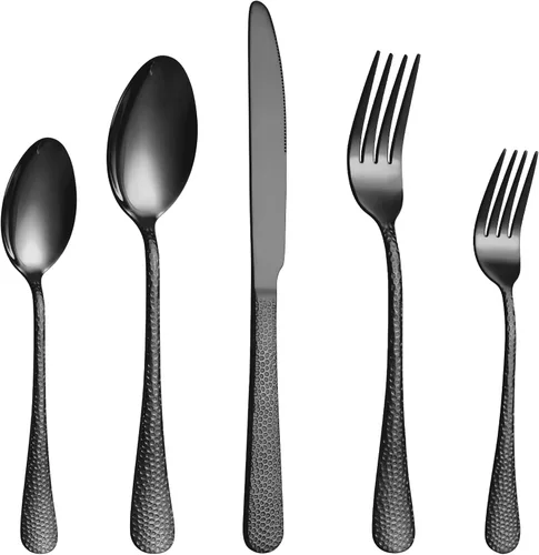 Miniatura 14 de Juego de cubiertos negros de 20 piezas para 4, juego de cubiertos de acero inoxidable de grado alimenticio, incluye tenedor/cuchillo/cuchara, juego