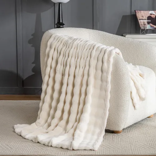Miniatura 4 de Manta de Tiro de Piel Sintética Color Hueso para Sofá, Manta Suave y Esponjosa de Burbujas para Cama y Sofá, Manta Gruesa y Cálida de Felpa Difusa