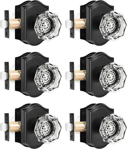 Gobrico Paquete de 6 pomos de puerta de cristal octágono, color negro mate, sin llave, juego de pomos de puerta de baño y dormitorio, función de