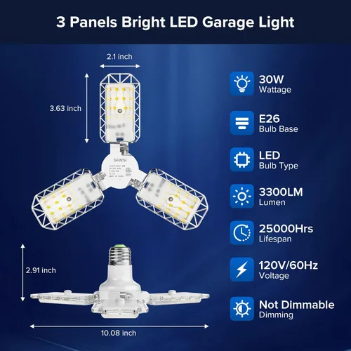 Miniatura 2 de SANSI Luz LED deformable de 3 paneles, 300 W equivalente a 30 W, luces de garaje LED de techo, luz de taller ajustable E26 con luz diurna de 5000 K