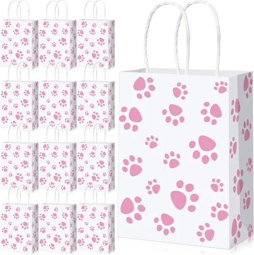 Miniatura 8 de Blulu 20 piezas bolsas de regalo con forma de pata de cachorro con asas de papel trenzado, bolsas de papel para regalo de golosinas para mascotas
