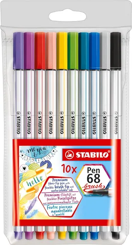 STABILO - Bolígrafo 68 - Bolígrafo de punta de fibra premium con punta de pincel - Paquete de 10 - Colores surtidos
