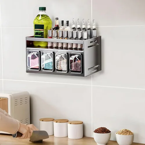 Miniatura 9 de Estante de especias de cocina, organizador de cocina y estante de almacenamiento con 4 cucharas, organización de especias para gabinetes, pared