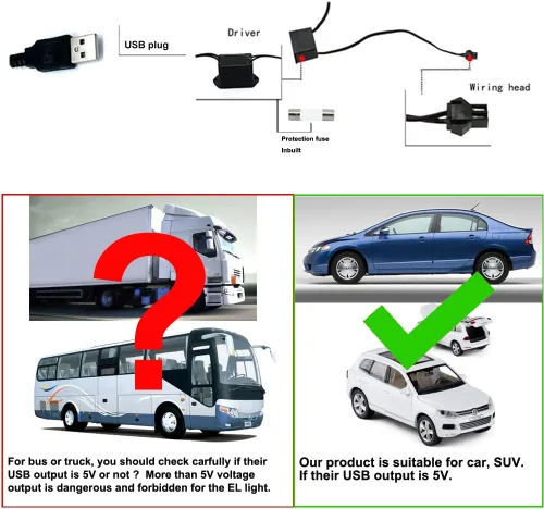 Miniatura 5 de Tira de luces LED de cable electroluminiscente azul para interior de automóvil, 6.5 pies de cable de neón con controlador USB de 5 voltios
