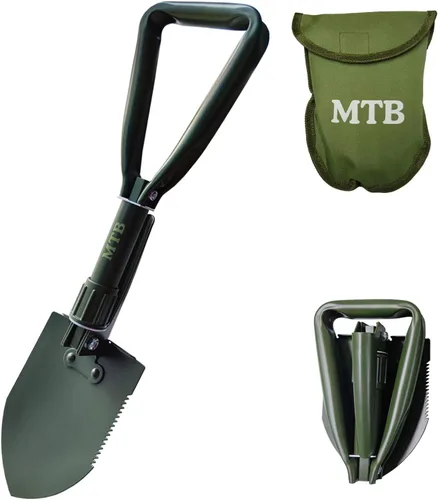 Pala plegable militar para campamento, herramienta de entrenamiento de acero de alto carbono con borde de sierra de madera y funda de transporte