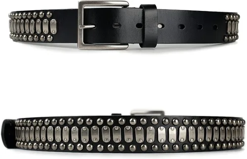 Miniatura 6 de FIORETTO - Cinturones de piel de vacuno italianos con tachuelas para hombre con hebilla para hombre color negro