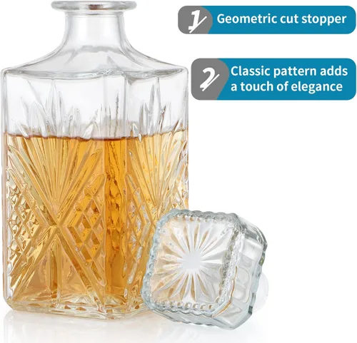 Miniatura 6 de MDLUU Decantador de vidrio con tapón hermético, botella de licor de 25.3 onzas líquidas para vino, whisky, brandy, vodka (flor grabada)