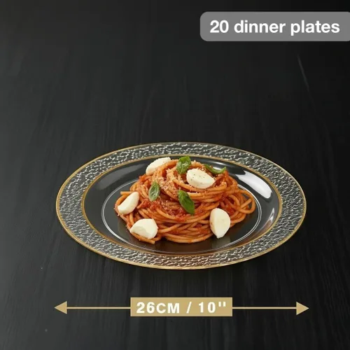 Miniatura 2 de MATANA 20 Platos de Fiesta Reutilizables de Plástico Transparente de 10 Pulgadas con Borde Dorado Martillado - Platos de Cena Resistentes de Primera