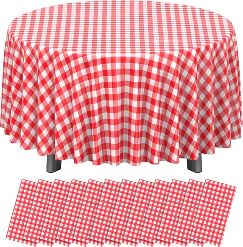 Paquete de 12 manteles redondos de plástico rojo y blanco a cuadros desechables de alta calidad para fiestas, manteles redondos de fiesta para