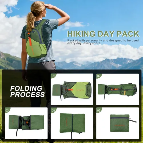 Miniatura 9 de FIORETTO Mochila de senderismo de 15L para mujeres y hombres, mochila mini plegable, mochila ligera pequeña para acampar, viajar al aire libre, Verde