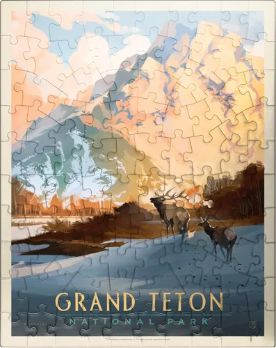 MyPuzzle Grand Teton National Park: Winter Hush, Vintage Poster - Rompecabezas prémium de 100 piezas para adultos