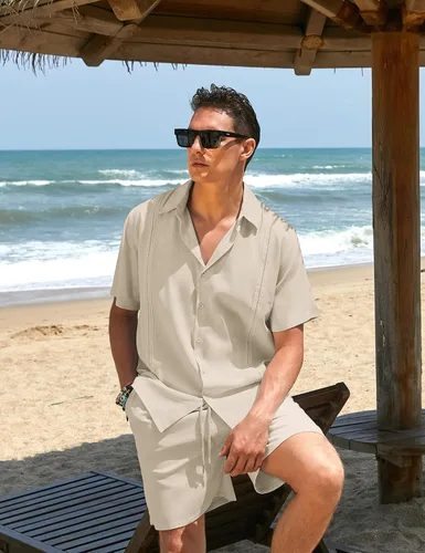 Miniatura 2 de COOFANDY Conjunto de 2 piezas de lino para hombre camisa con botones y pantalones cortos