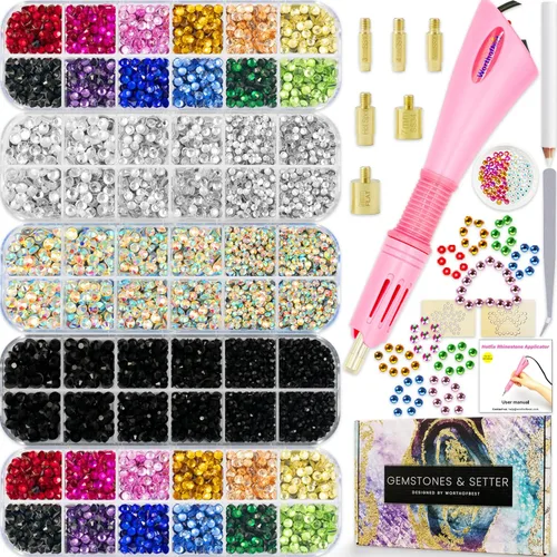 Kit de herramienta aplicadora Hot Fix con 8500 diamantes de imitación para ropa brillante, tela, ropa, cuero, kit de deslumbrar Hotfix con 6 puntas,