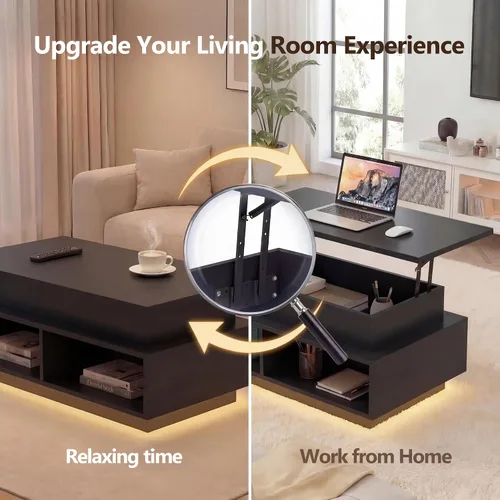 Miniatura 4 de YESHOMY Mesa de Centro Elevable de 40" con Almacenamiento Oculto y Luces LED Multicolor, Mesa Cuadrada Moderna de Madera con 4 Estantes Abiertos