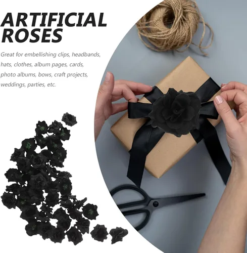 Miniatura 5 de BESPORTBLE 50 piezas de rosas artificiales negras a granel, rosas falsas para decoración de boda, novia, bricolaje, seda