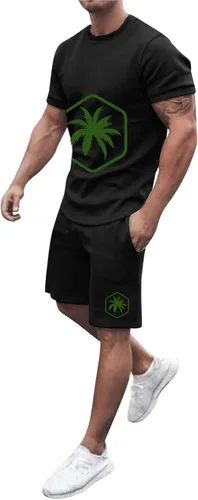 Conjunto de 2 piezas de manga corta para hombre, estilo casual, a rayas, bloque de color, camiseta y pantalones cortos deportivos de ajuste clásico