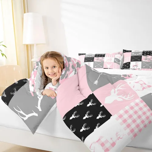 Miniatura 127 de Juego de edredón de cuernos de ciervo tamaño individual, juego de ropa de cama rústica de granja con huellas de oso y pinos para decoración