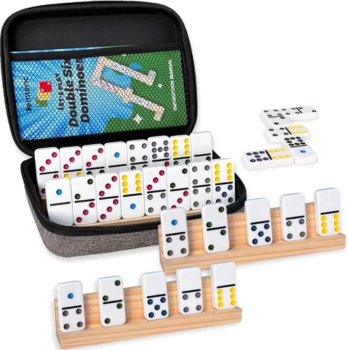 Dominós Mejorados Doble 6, 28 fichas de dominó, 4 soportes/estantes de madera, juego de mesa de viaje y memoria con estuche portátil para 2-4